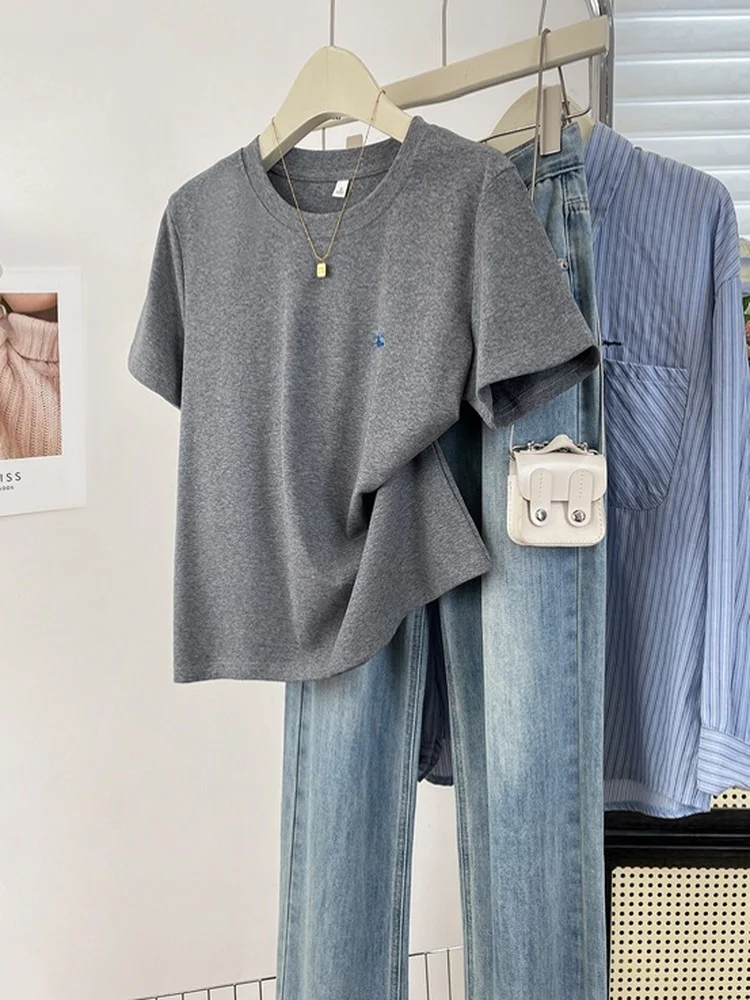 Summer 2026 Loose Fit Short Sleeve T-Shirt Women's Casual Style Embroidered round Neck Lettering Minimalist Japanese Style Top