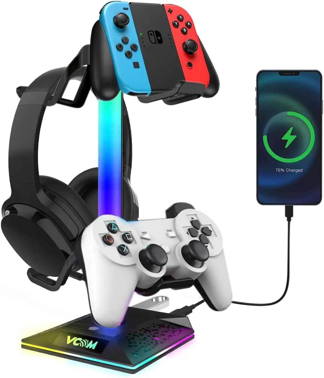

Подставка для игровой гарнитуры RGB с 10 режимами подсветки, 2 USB-портами, нескользящим основанием для всех наушников и контроллеров