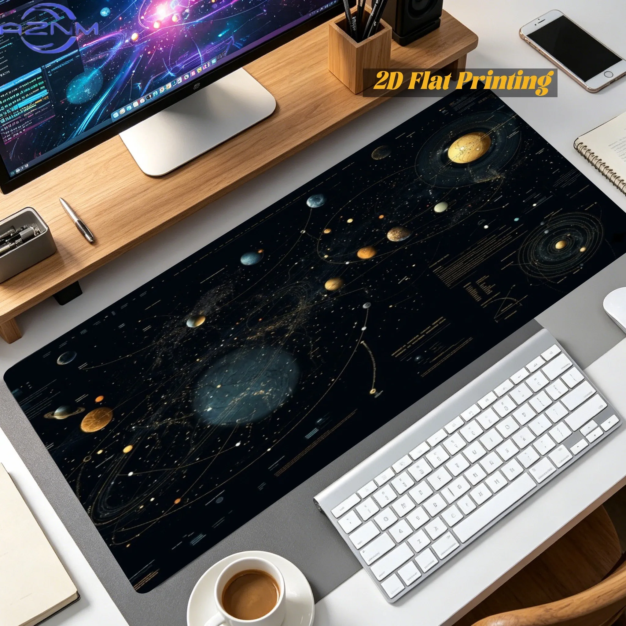 1pc 2D Printed Vintage Golden Solar System Galaxy Cosmic Orbit Map Desk Mouse Pad | Multi-Use Desktop Mat for Home Office Work S
