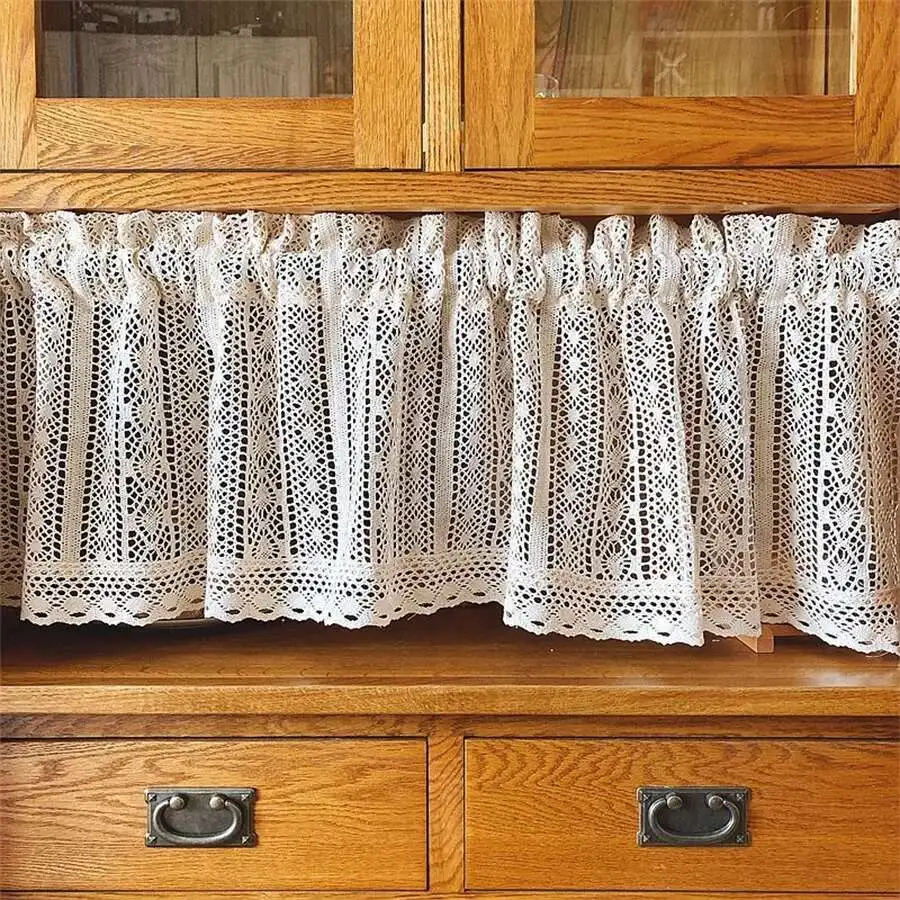 لستائر قصيرة خزانة المطبخ المرحاض الكروشيه البيج محبوك الدانتيل طبقات ثقب جوفاء الأزهار الباب مقهى الديكور نصف نافذة #2