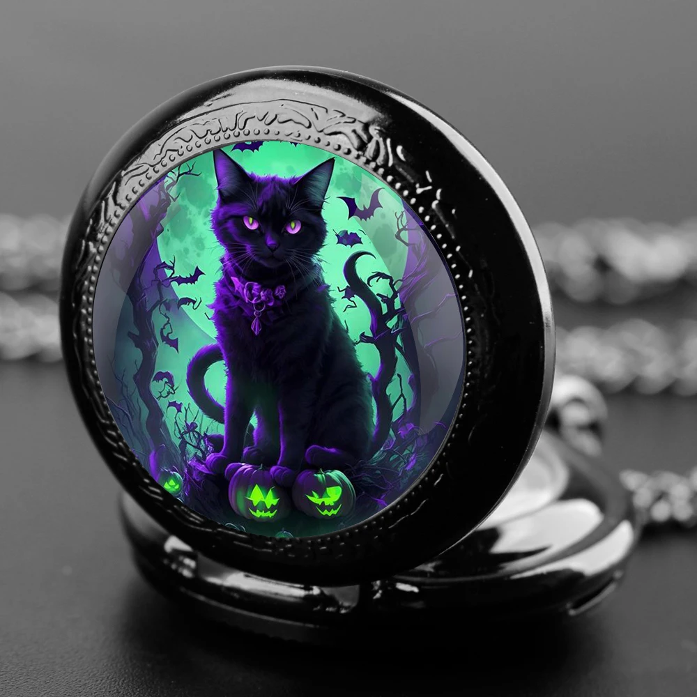 Reloj de bolsillo de cuarzo con diseño de gato de Halloween, colgante creativo, cadena de recuerdo, números árabes, regalo de personalidad