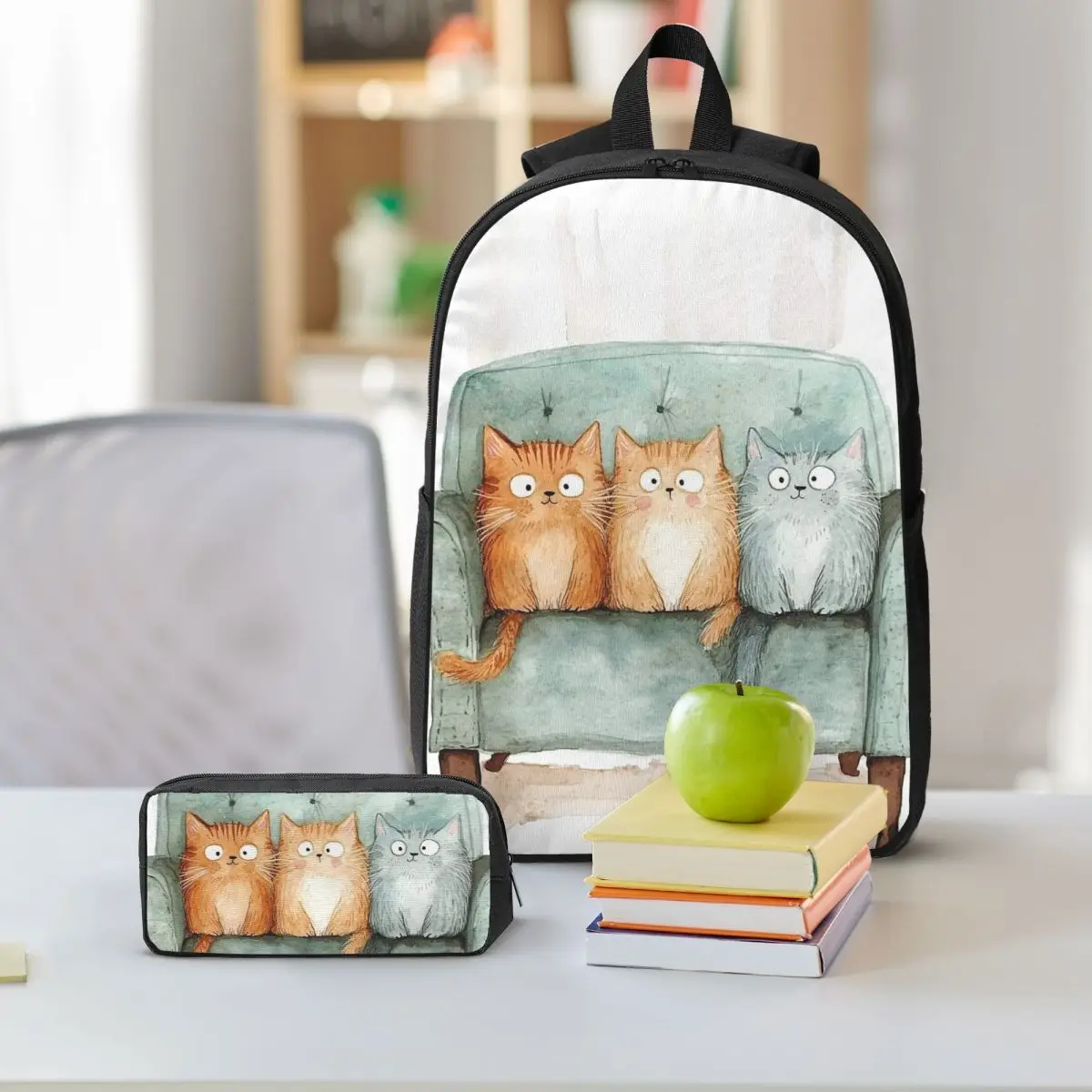 Adorable Cat In Sofa Backpack Boys Girls BookBag School Bag Shoulder Bags 3ps Insulated Lunch Bag Pencil Case