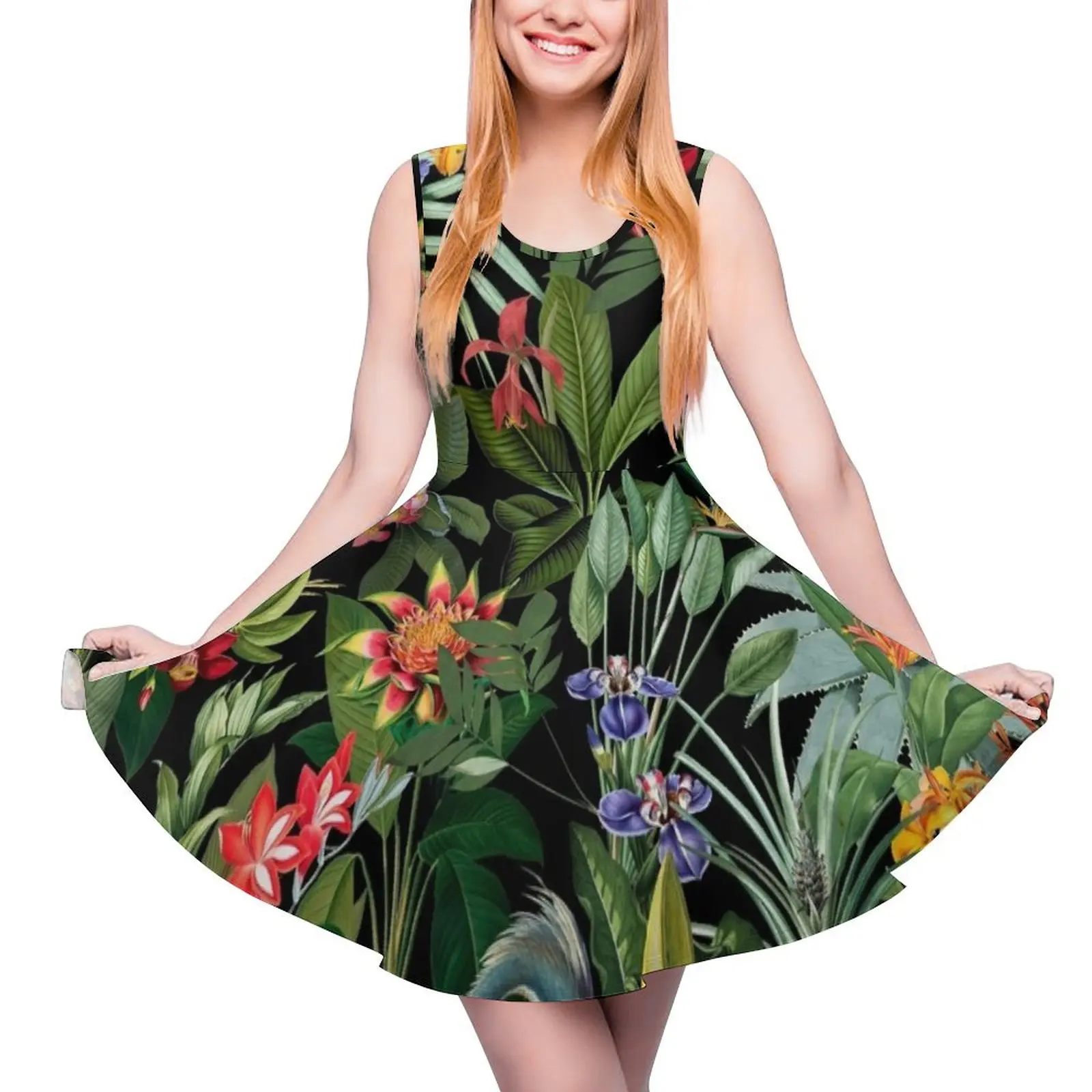 

Vintage Pattern - Blue heron and tropical flowers Botanical Night Garden Sleeveless Dress women"s elegant loose dresses