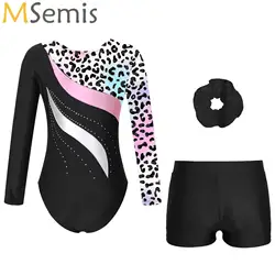 Kids Long Sleeve Ballet Leotard Dance Sets Bodysuit with Shorts Hair Tie Rhythmic Gymnastics Workout Unitard Ballerina Costume