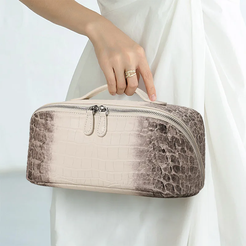 Aidrani Crocodile Texture Genuine Cowhide Cosmetic Bag, Large Capacity Handheld Travel Toiletry Pouch Women Makeup Storage