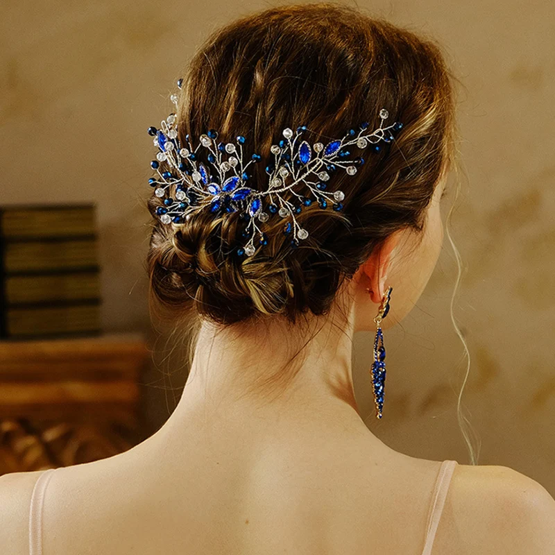 Blue Rhinestone Bridal Wedding Hair Accessories for Women Crystal Hair Comb Brides Tiaras And Headdresses Hair Bands Clip Jewelr