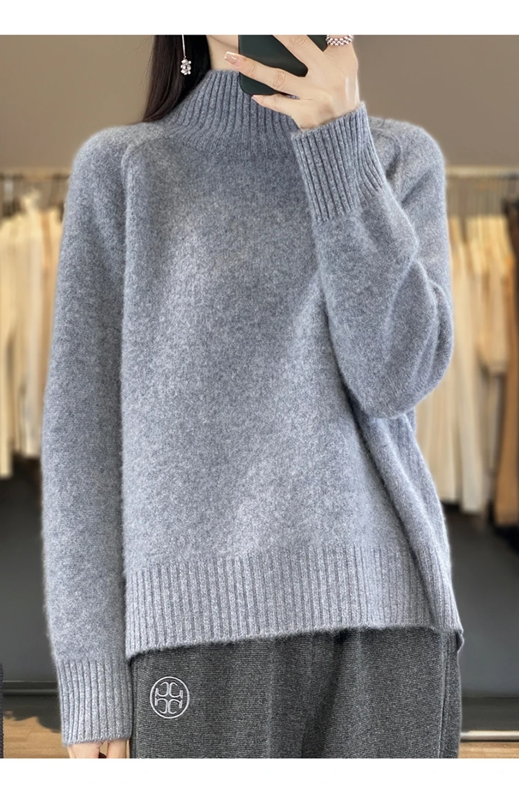 High-Necked Cashmere Sweater for Women, Autumn and Winter, 100% Cashmere, Slit, Lazy Raglan Sweater, Thickened with Soft Waxy Wo