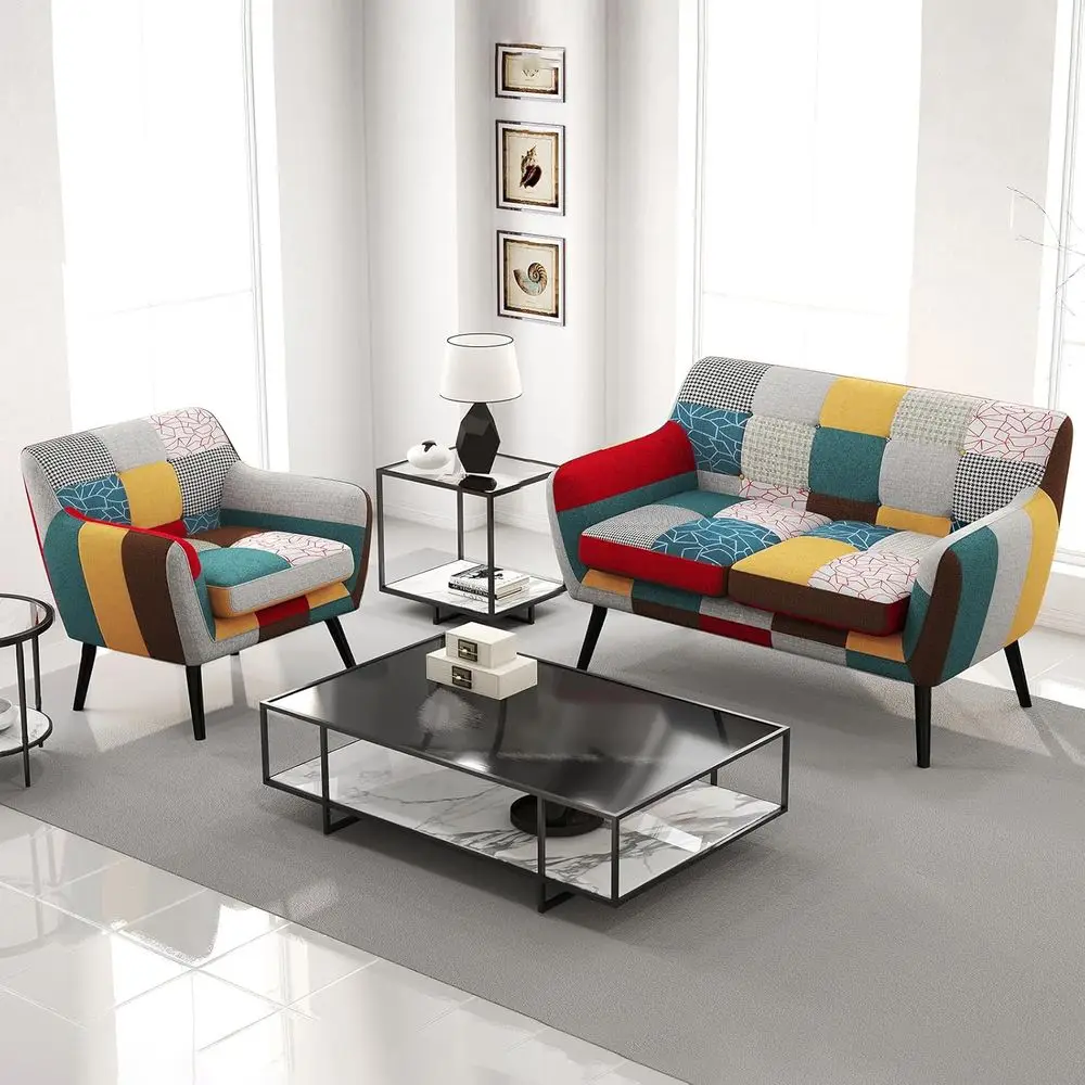 

Комплект из 2 предметов: льняной диван в клетку с акцентными креслами, двухместным диваном в стиле бохо и ножками из каучукового дерева для гостиной