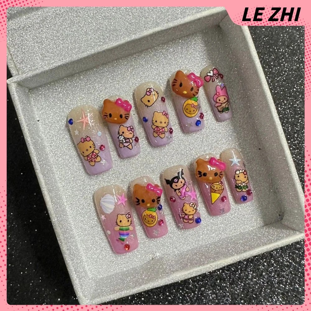 Kawaii Hello Kitty 3D Stereo Almond Square Detachable Fake Nails Art Star Bowknot Full Cover Nails Class Reunion Party Gift