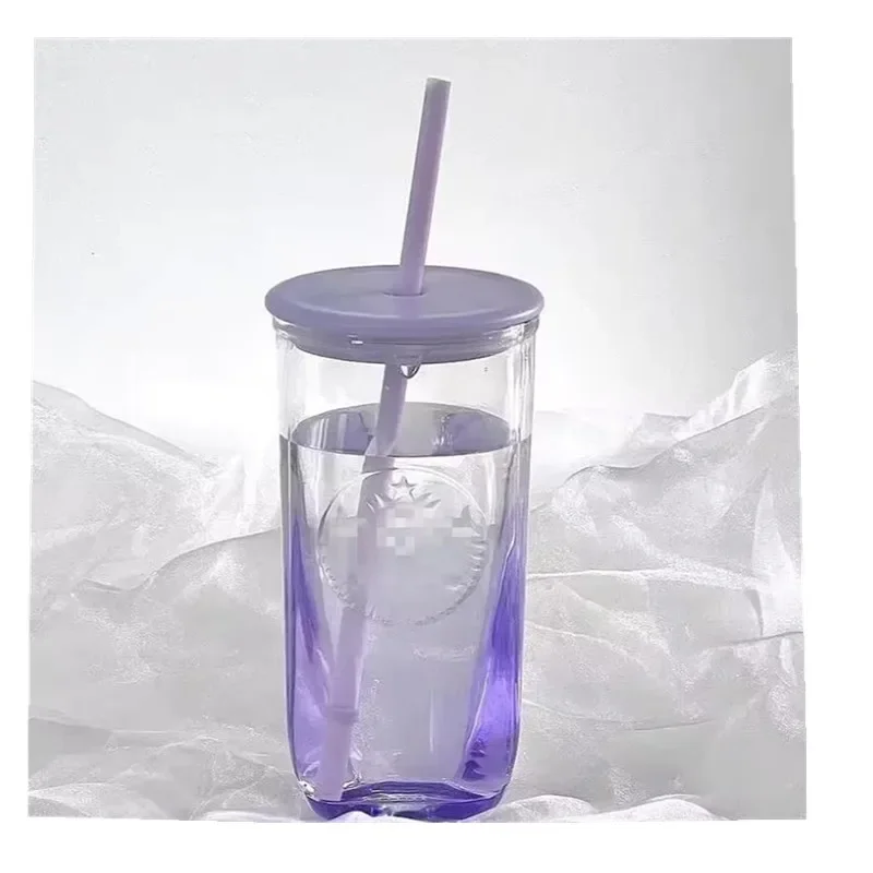 New 2023 ★★★  Triangle covered glass cup, straw water cup, 473ml （purple）