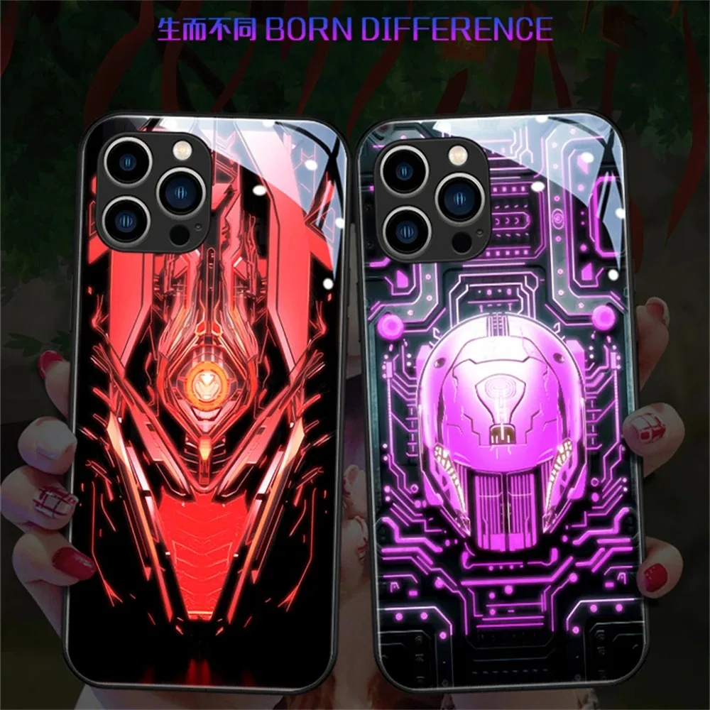 

Cool Mecha LED Light Glow Luminous Tempered Glass Back Phone Case For iPhone 15 14 13 12 11 Pro Max X XR XS 6 7 8 Plus SE2020
