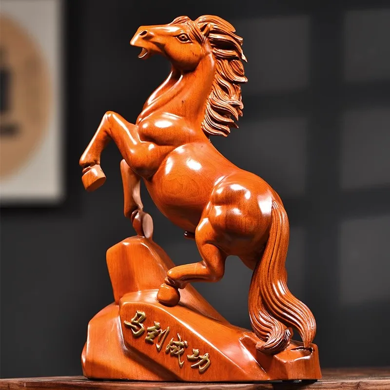 Rosewood Carved Horse Statue - Wealth Lucky Zodiac Horse Decor for Home/Office Desk, Chinese Feng Shui Craft Gift for Birthday
