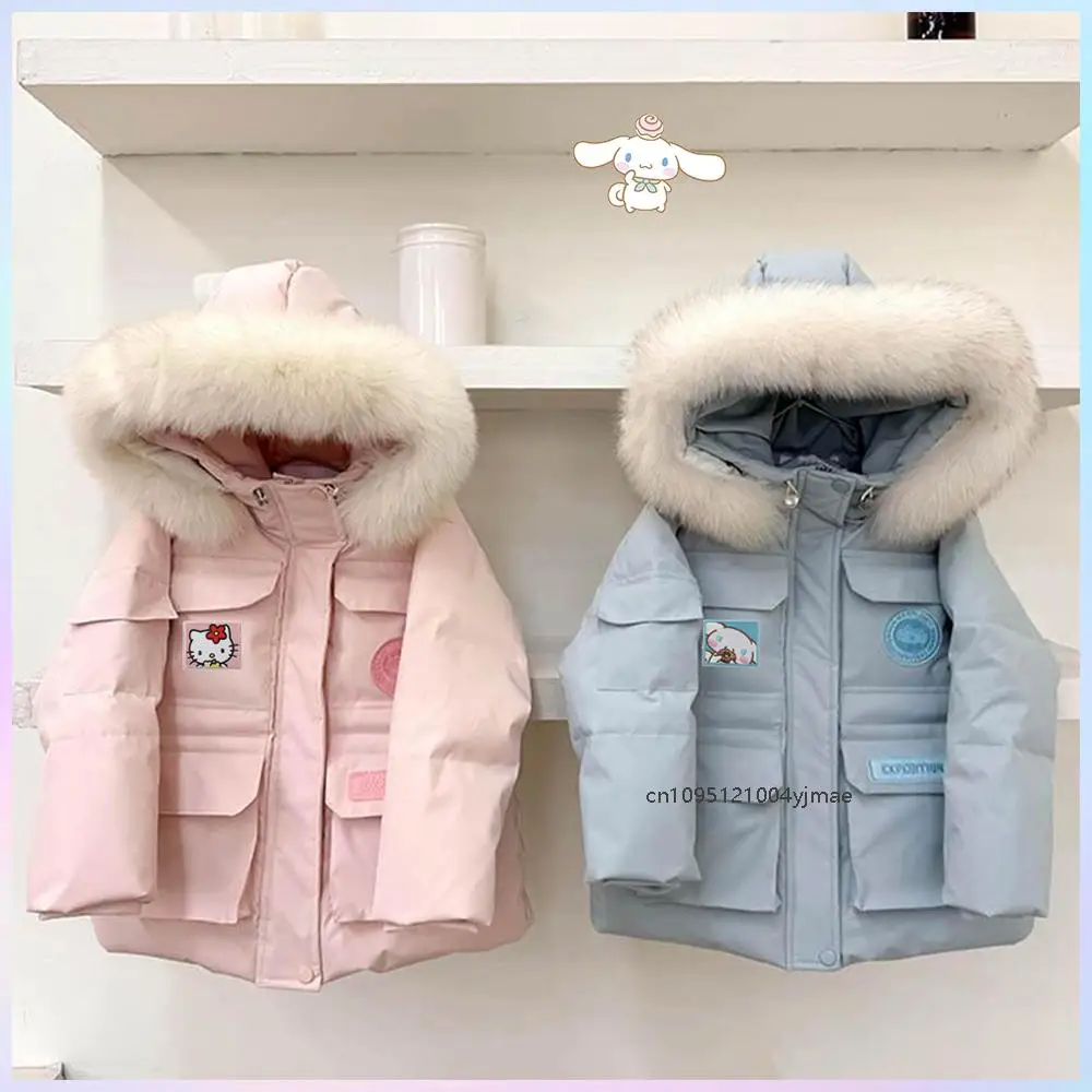 

Kawaii аниме Hello Kitty Cinnamoroll, рабочая одежда для девочек, пуховик Sanrios, зимняя длинная хлопковая стеганая куртка с меховым капюшоном, теплая парка