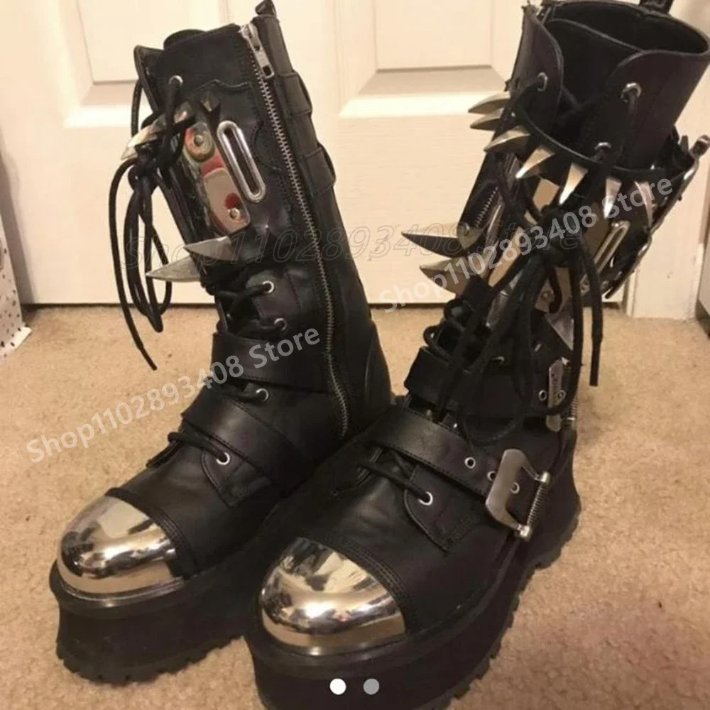 

Metal Rivets Strap Mid Calf Boots Punk Style Front Lace-up Side Zipper Round Toe Women Shoes 2025 Fashion Zapatos Para Mujere