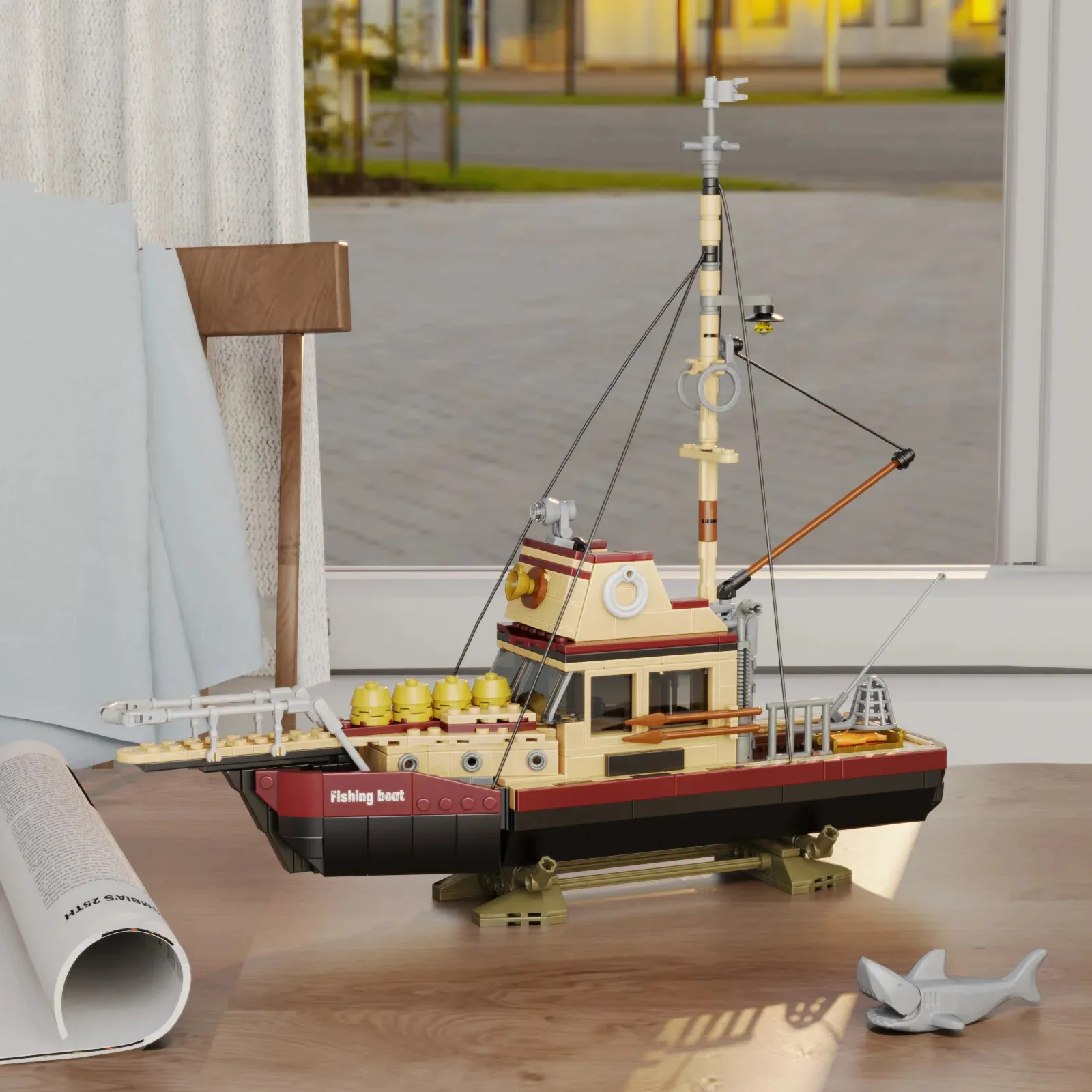 City Fishing Boat Vessel Trawlboat Model Building Blocks Set White Shark Pattern Pirate Ship Building Blocks Toy for Kits