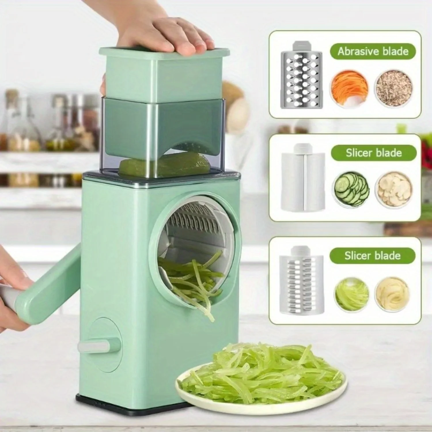 4-In-1 Multifunctional Kitchen Gadget - Rotary Vegetable Slicer, Grater & Chopper With Stainless Steel Blades - Easy Clean, Dura