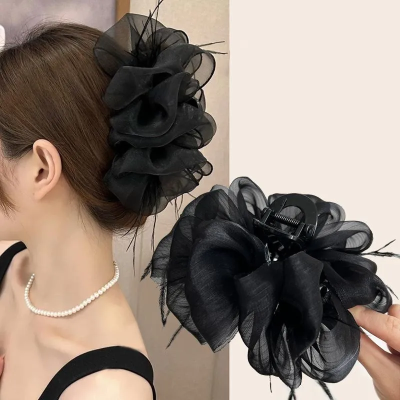 1/2pcs ZYFHTT Seersucker Mesh Feather Tassel Hair Clip Claw for Woman Elegant Shark Clip Fashion Girl Ponytail Clip Hair Clamp