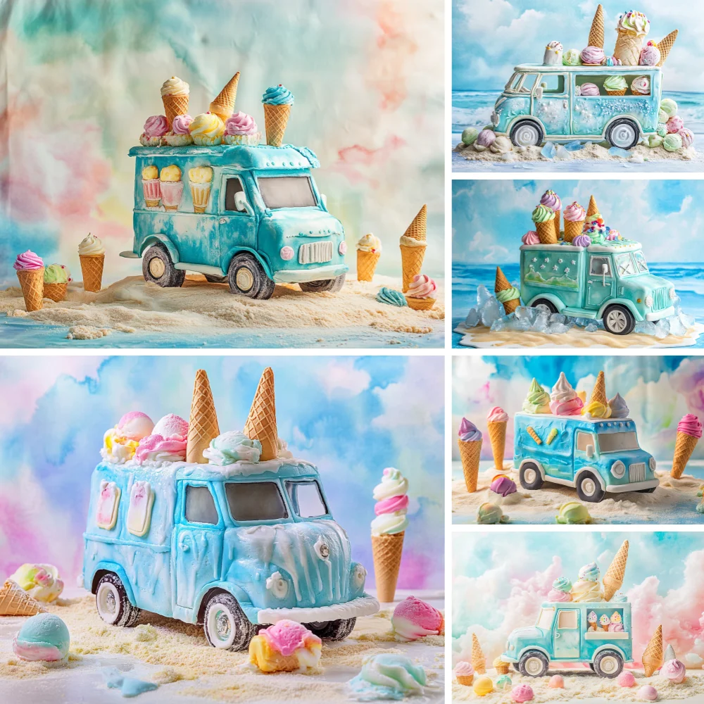 

Summer Beach Backdrop Fresh Oil Painting Ice Cream Truck Palm Tree Surfboard Kids Birthday Decor Photography Background