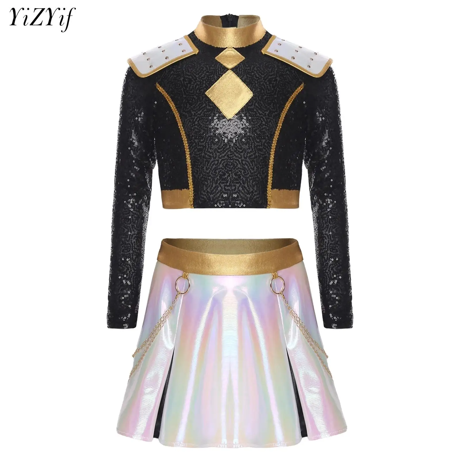 

Girls Demon Singer Dance Stage Outfit Long Sleeve Sequin Crop Top with Waist Chain Skirt Halloween Party Role Play Costume