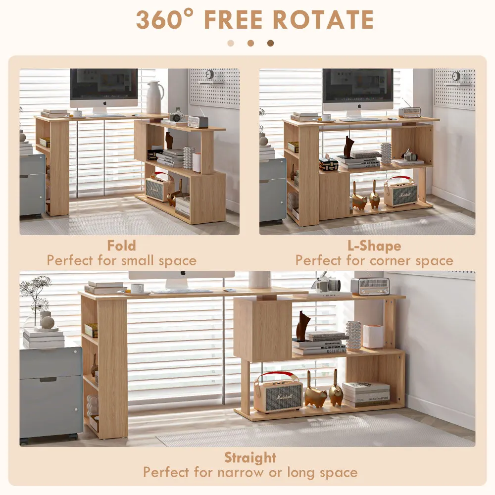 360° Rotating L-Shaped Computer Desk, Modern Space Saving Corner Desk with S-Shaped 2-Tier & 3-Tier Storage Shelves, Sturdy Engineered Wood Workstation for Home Office Bedroom Dorm