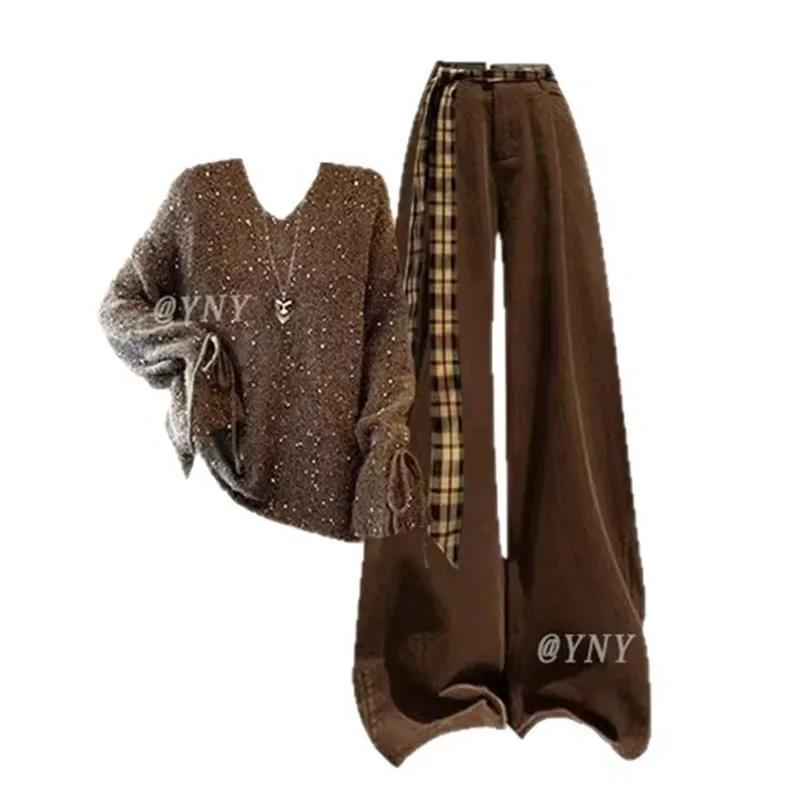 

Autumn Design Retro Hollow Knitted Sweater Women's Coffee Color Wide Leg Pants Set Cool and Sassy Two Piece Set Winter Clothes