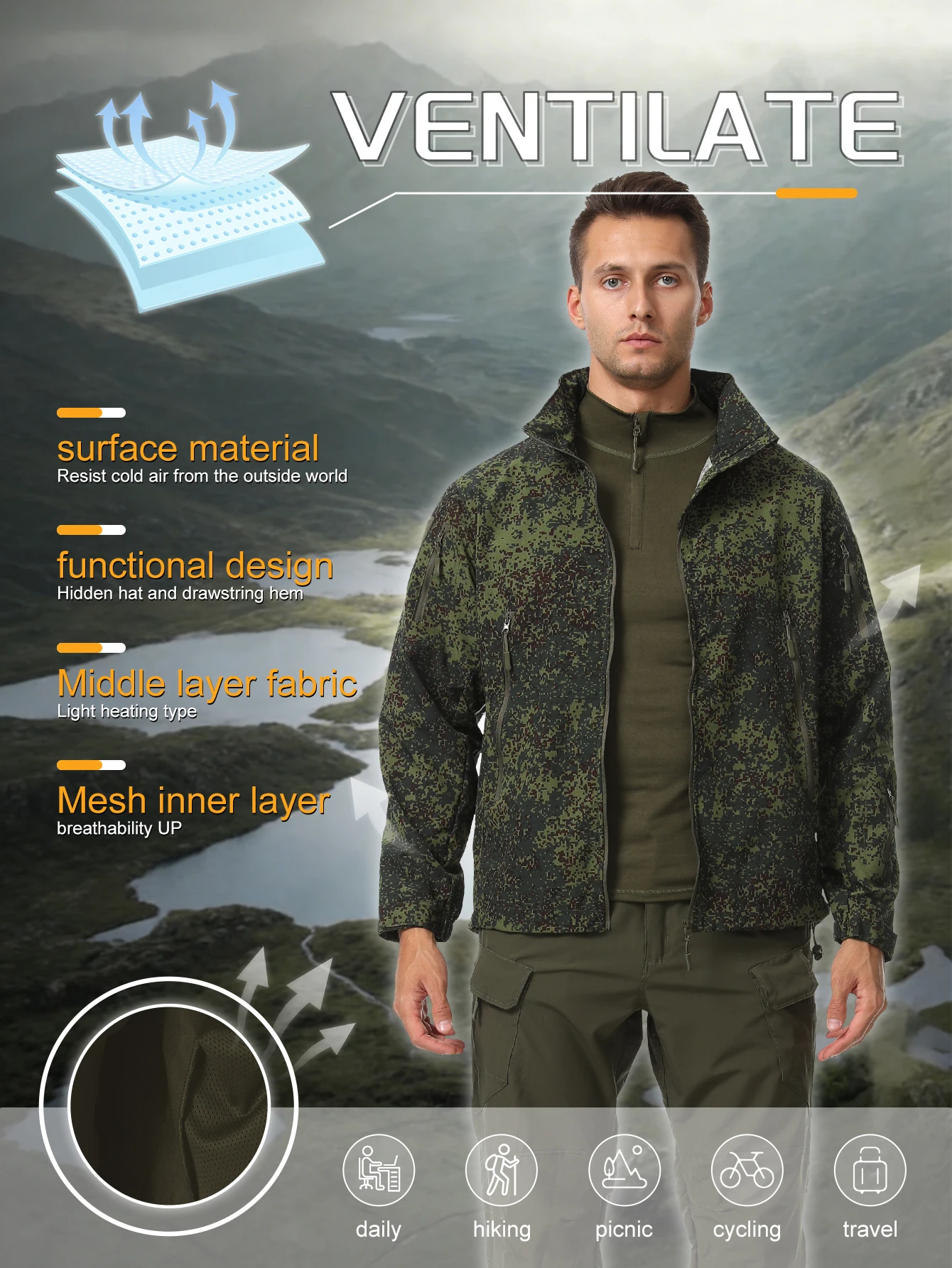 Esdy Men's Lightweight Outdoor Jacket Spring/Summer Sports Jacket with Practical Zipper Pockets and Hidden Hood