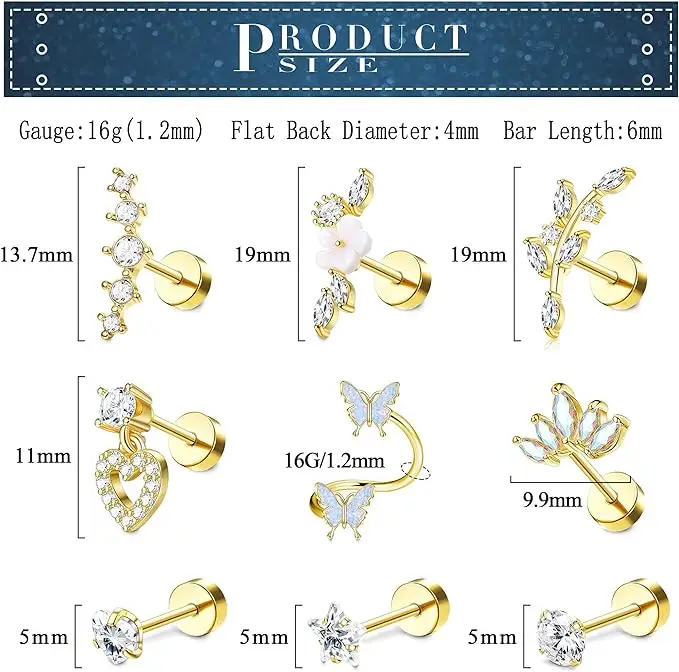Drperfect 9pcs Surgical Steel Earrings for Women Conch Tragus Earrings Piercing Stud Cartilage Earrings Set Piercing Jewelry