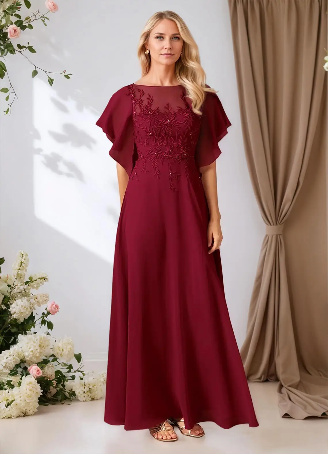 

Lace Appliques Mother of The Bride Dresses Long Chiffon Formal Wedding Party Gowns for Women