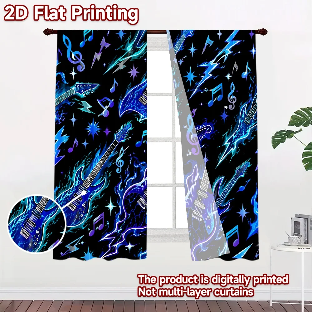 2D flat 2pcs Curtain Home Short Curtains Blue Guitars Durable polyester fiber Festive Curtains Perfect for Indoor Outdoor Use
