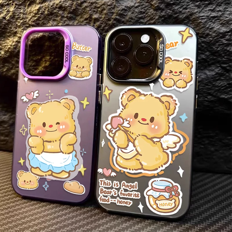 Cartoon Cute Butter Bear IMD Plating Case For iPhone 16 ProMax 15 14 13 12 11 Pro Max XS X XR 16 Plus Hard Matte PC Bumper Cover