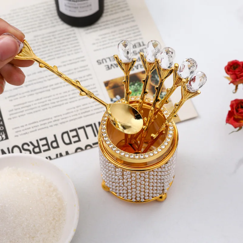 

A Combination of 6 Coffee Spoons and 1 Storage Bin, Fruit and Dessert Spoons, Suitable for Home, Office, and Gatherings