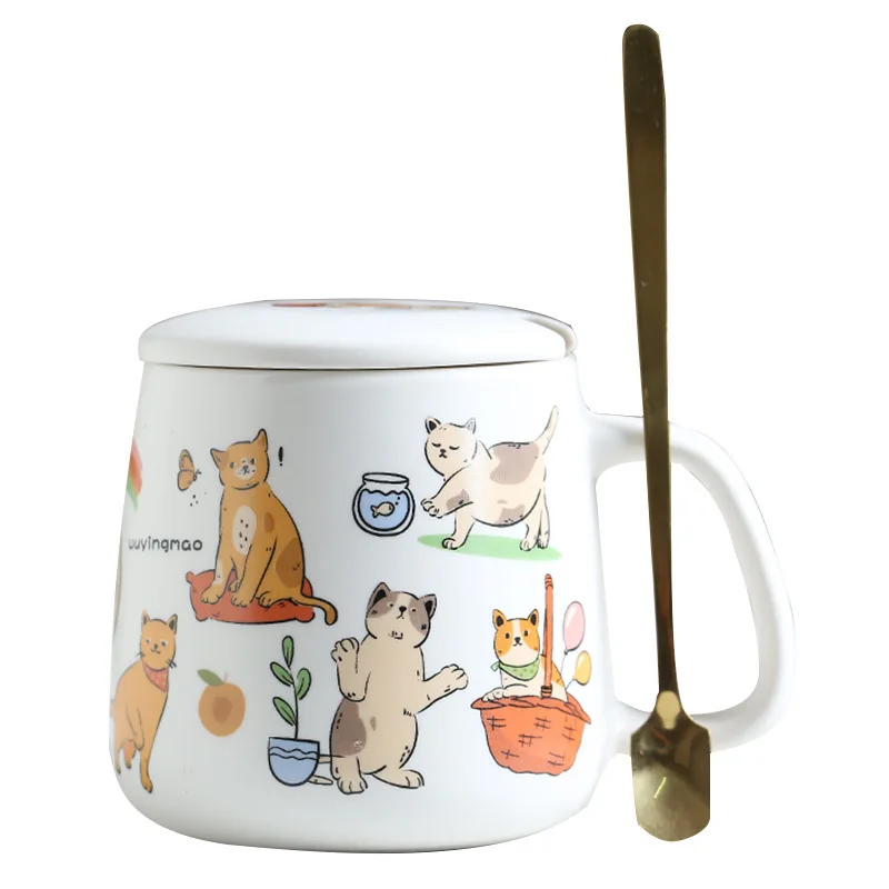 Cartoon Cat and Dog Cup Ceramic Drinkware Mug Coffee Mug Spoon with Lid Office Breakfast Milk Water Mugs Couple Desk Decoration