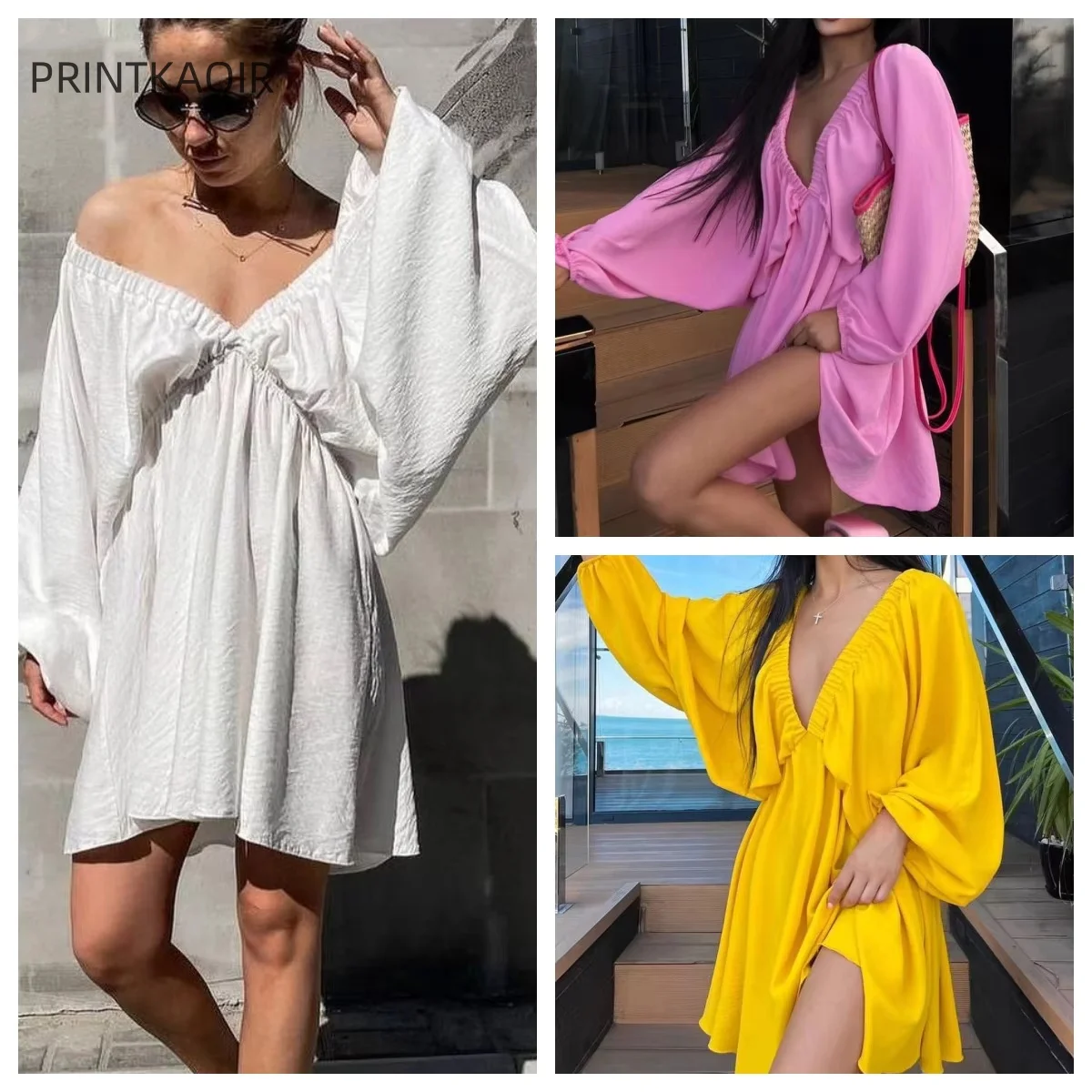 Letnie sukienki z długim rękawem w cukierkowym kolorze Kobiety Turystyka Wakacje Głęboki dekolt V Kobiety Letnie sukienki Boho