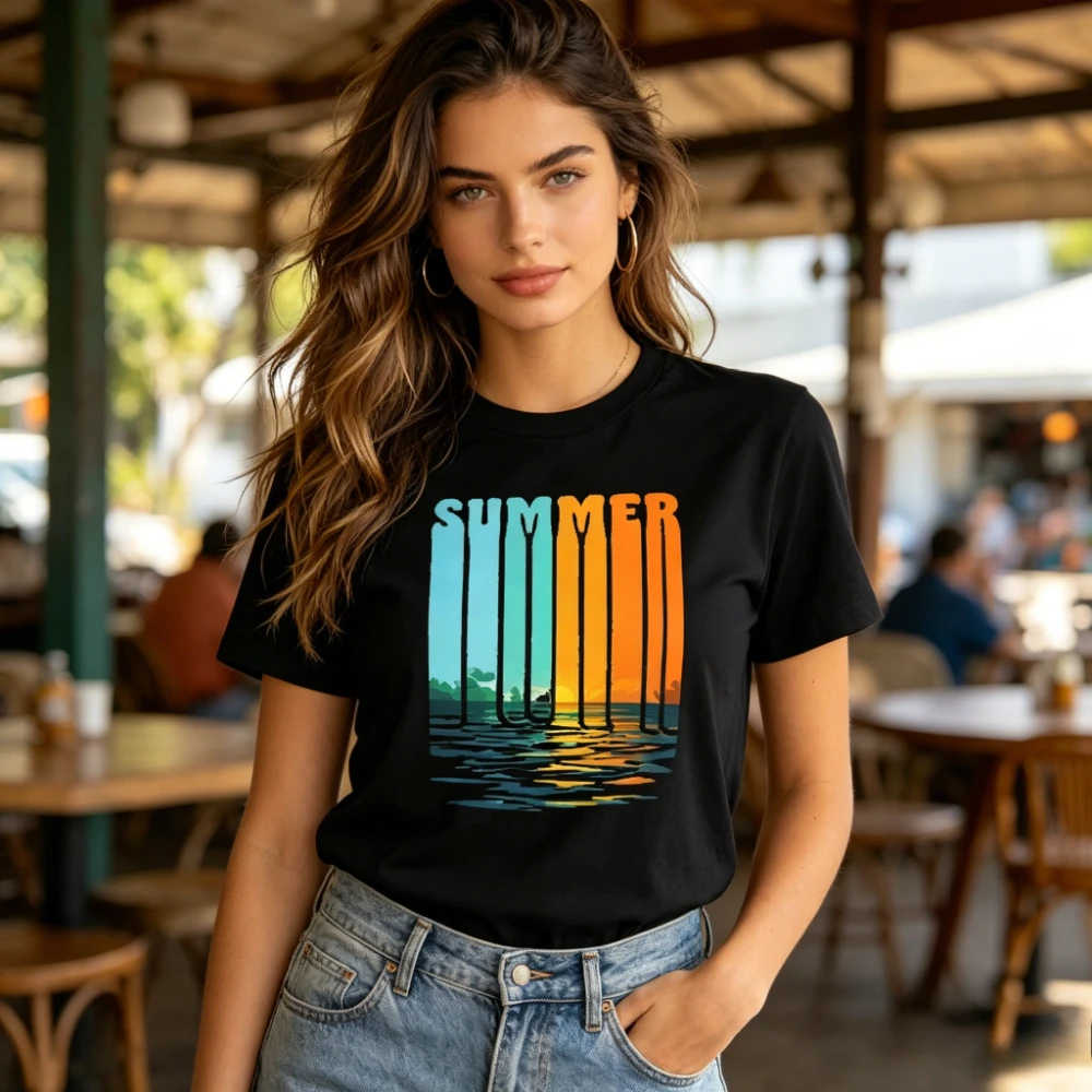 Retro Summer Sunset Ocean Graphic T-Shirt Men Women Vintage Colorful Summer Vibes Tee Casual Beach Vacation Cotton Short Sleeve