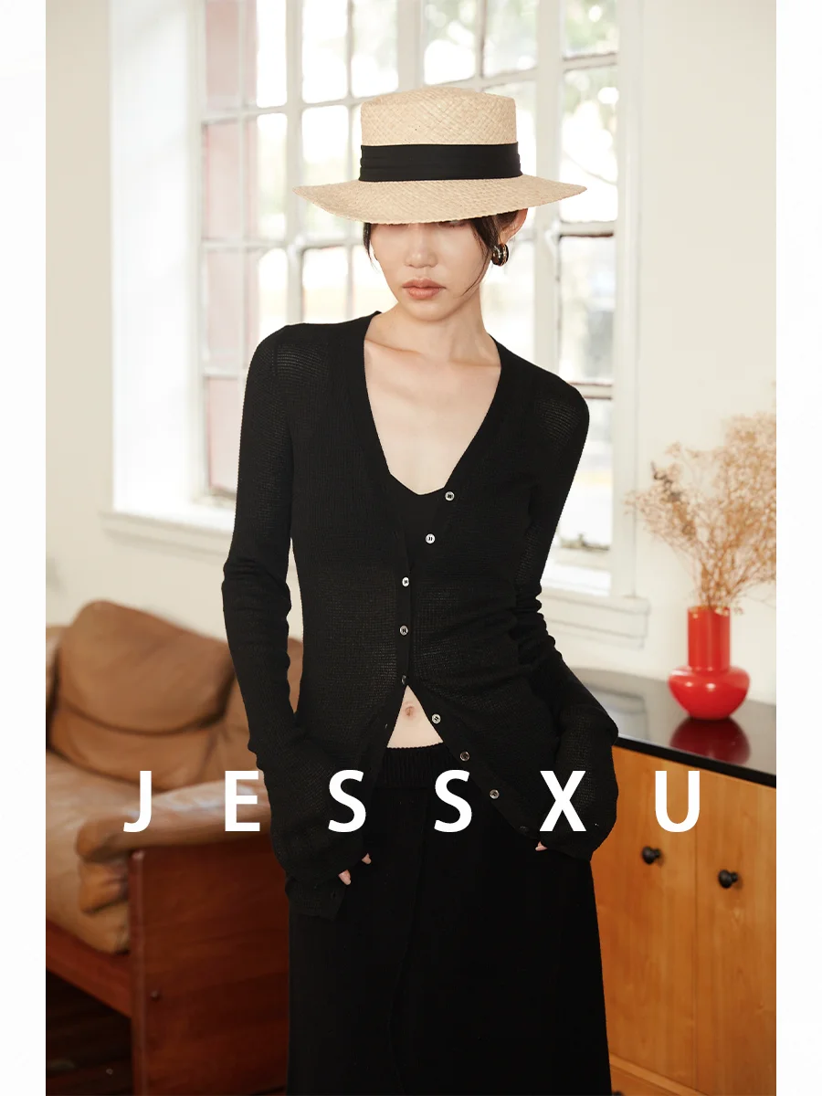 

Slim Fit V-Neck Long Sleeve Knitted Cardigan JessXu Waistline Gathered Multi-Buckle Comfortable Inner Wear Black Grey