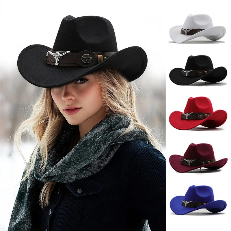 New Western Hat Men Women Cowboy Style Leather Hats Wool Chapeu Western Gentleman South States  Jazz Cap Cowgirl Hats Cow Band