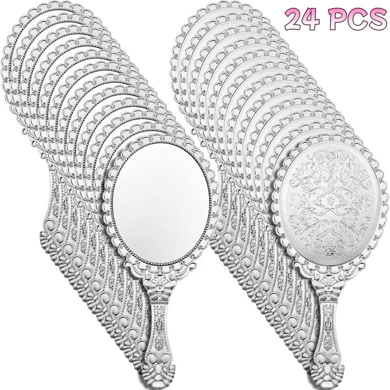 24 Pack Handheld Vintage Mirrors Silvery Embossed Mirror for Wedding Favor Princess-Themed Party Travel Portable Makeup Mirror