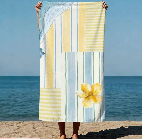 Ocean Waves Striped Collage Watercolor Hand-Painted Style Beach Towel Quick Dry Sand Proof Towel Lightweight Summer Bath Towel