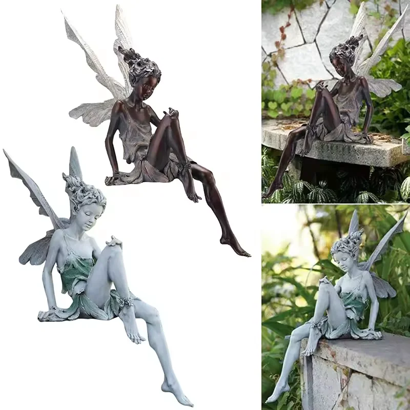 Enchanted Fairy Figurine Resin Flower Fairy Sculpture with Delicate Wings Fantasy Elf Statue for Bookshelf Outdoor Garden Decor