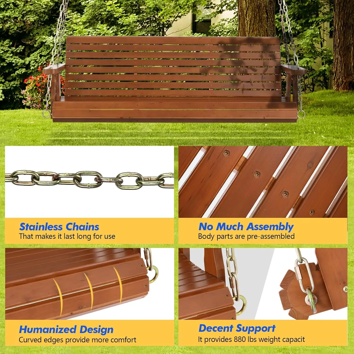 أرجوحة شرفة خشبية مطورة للفناء، شديدة التحمل 880 رطل، مع سلاسل تعليق للأماكن الخارجية (بني، 5 أقدام)