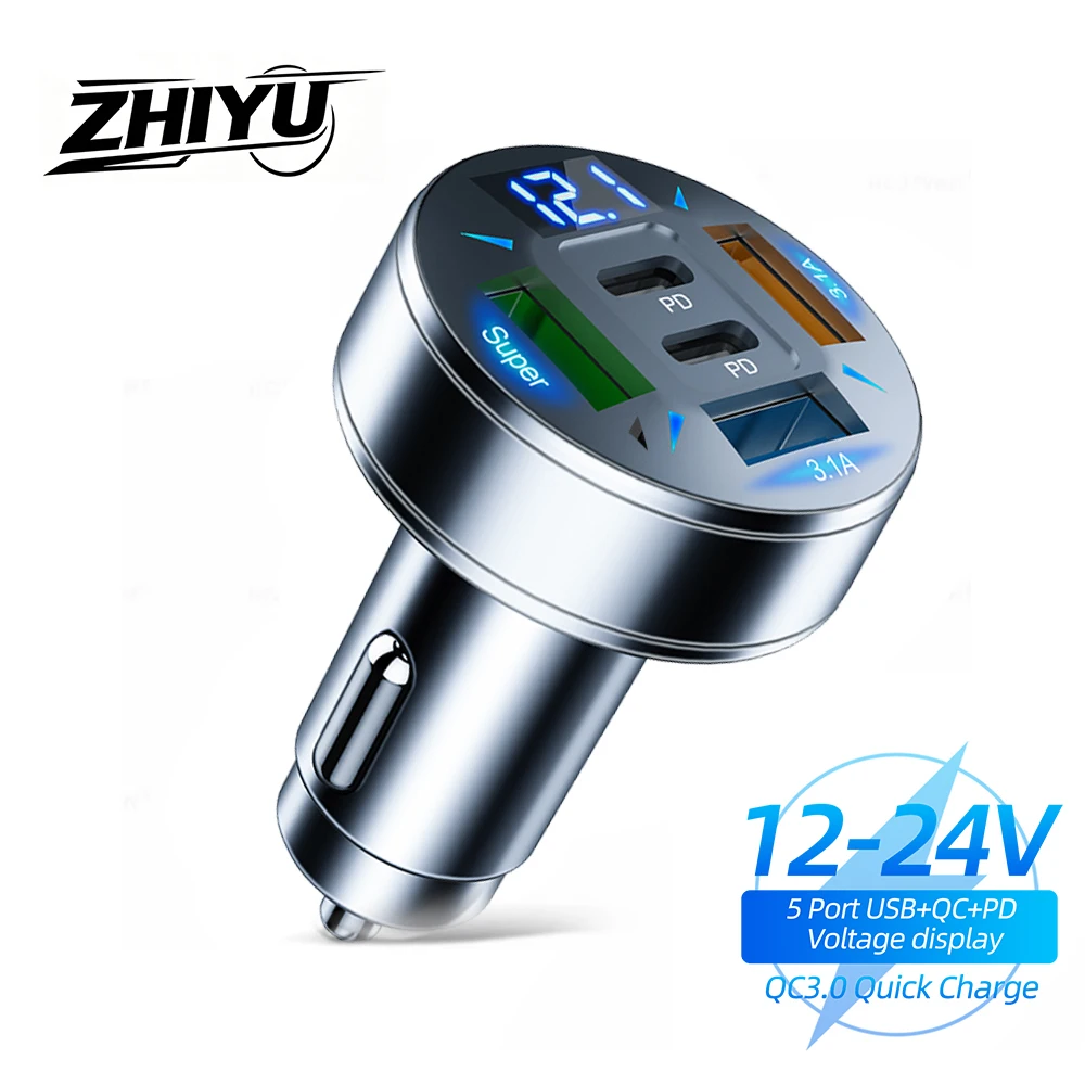 ZHIYU 250W 5 Ports Car Charger Fast Charging PD QC3.0 USB C Car Charger Adapter With Voltage For iPhone Samsung Huawei Xiaomi