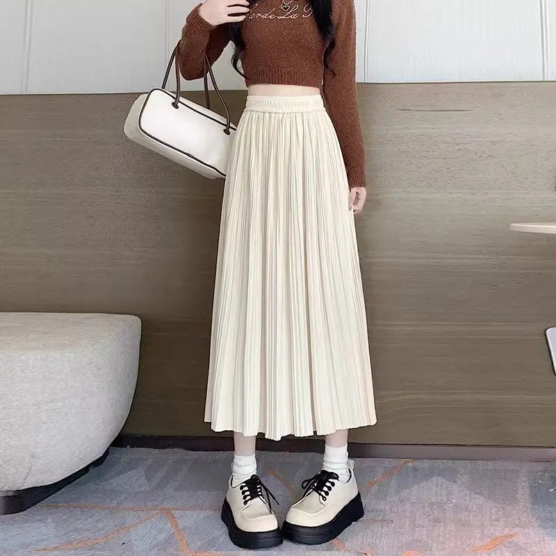 

New Style Autumn and Winter Women's Solid High Waist Pleated Korean Mid Length A-Line Fashion Casual All Match Commute Skirt