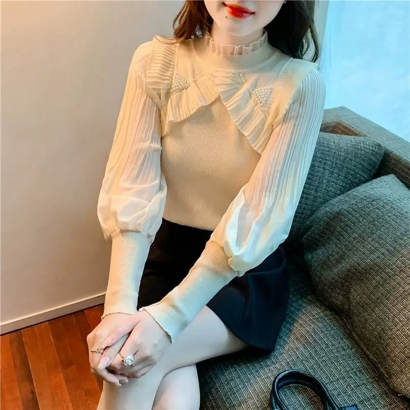 Women Fashion Ruffled Beaded Chic Sweet Knitted Blouses 2024 Spring Autumn Half High Collar Long Sleeve Slim Pullover Basic Tops