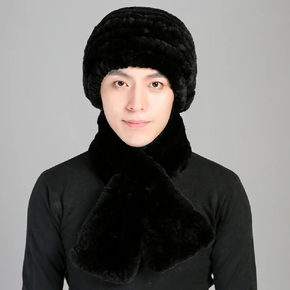 

Men's Real Rex Rabbit Fur Hat Scarf Sets Winter Warm Beanie Cap Neckerchief Black Blue Grey