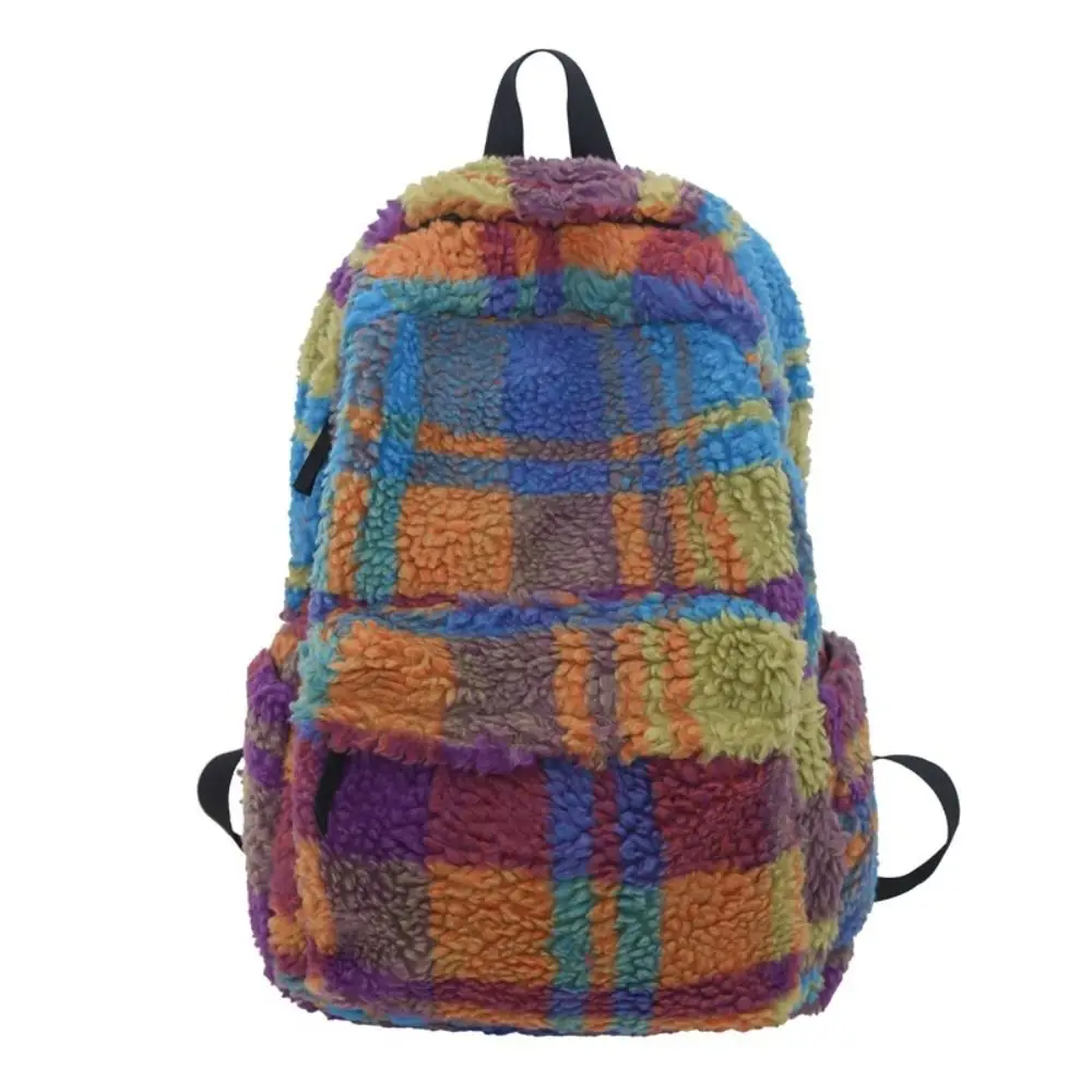 Sac à Dos à Carreaux Colorés de Style Coréen pour Étudiant, Grande Capacité, en Forme de Sourire d'Agneau, Géométrique, BCBG