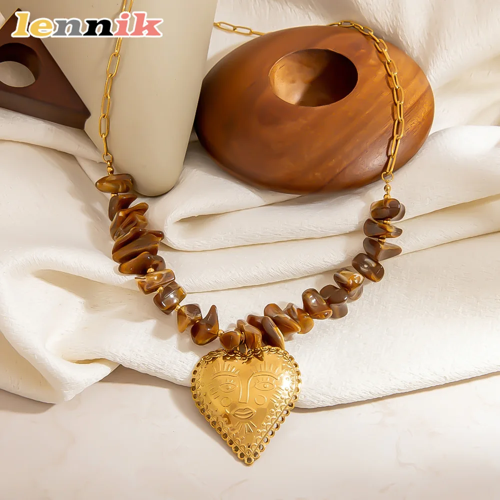 LENNIK الراقية قلادة قلادة، الفولاذ المقاوم للصدأ التيتانيوم الصلب، قلادة القلب العنبر، الخريف الشتاء ضوء المجوهرات الفاخرة