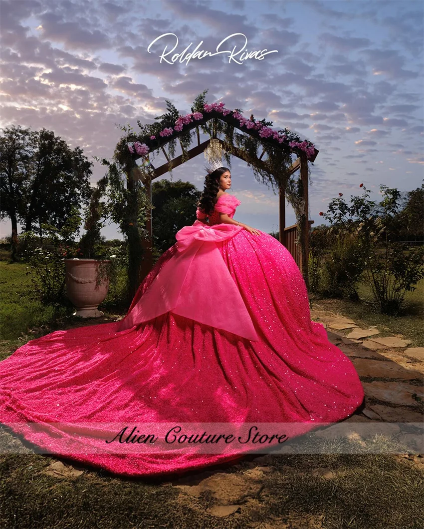 Hot Pink Quinceanera Dress 2025 With Bow Bead Applique Crystal Sweet 16 Birthday Party Dress Vestidos De 15 Años Customized