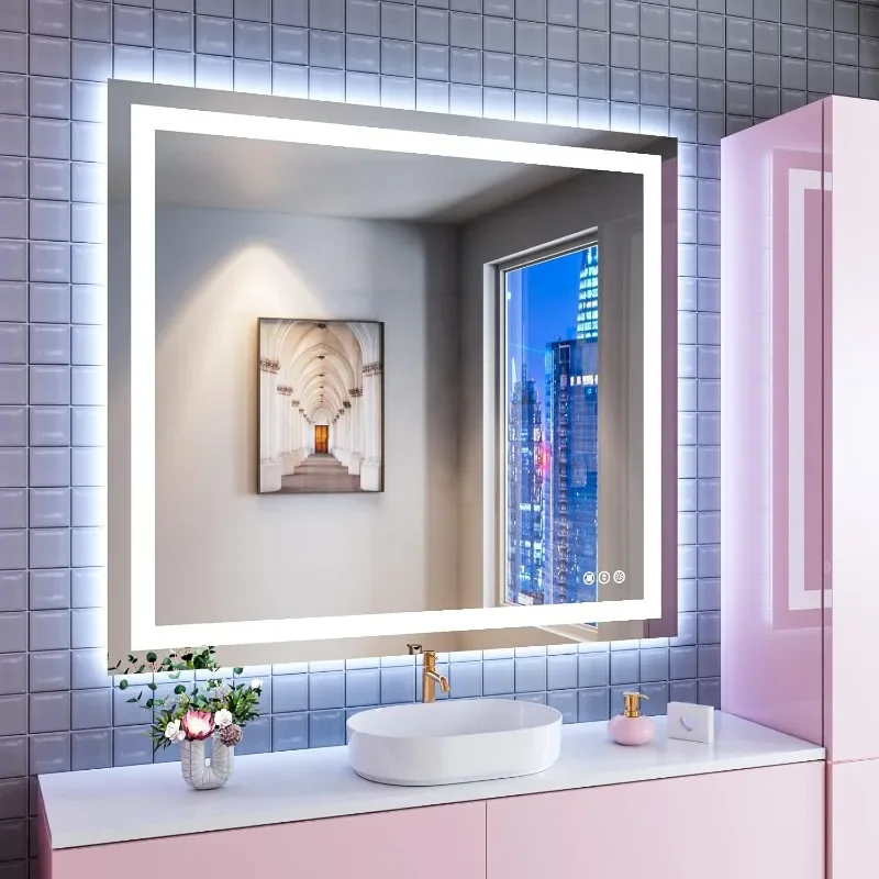 مرآة حمام LED مقاس 40 بوصة × 36 بوصة مع إضاءة أمامية وخلفية، مرايا حائط قابلة للتعتيم بدون خطوات مع مضادة للضباب، ومقاومة للكسر، وذاكرة
