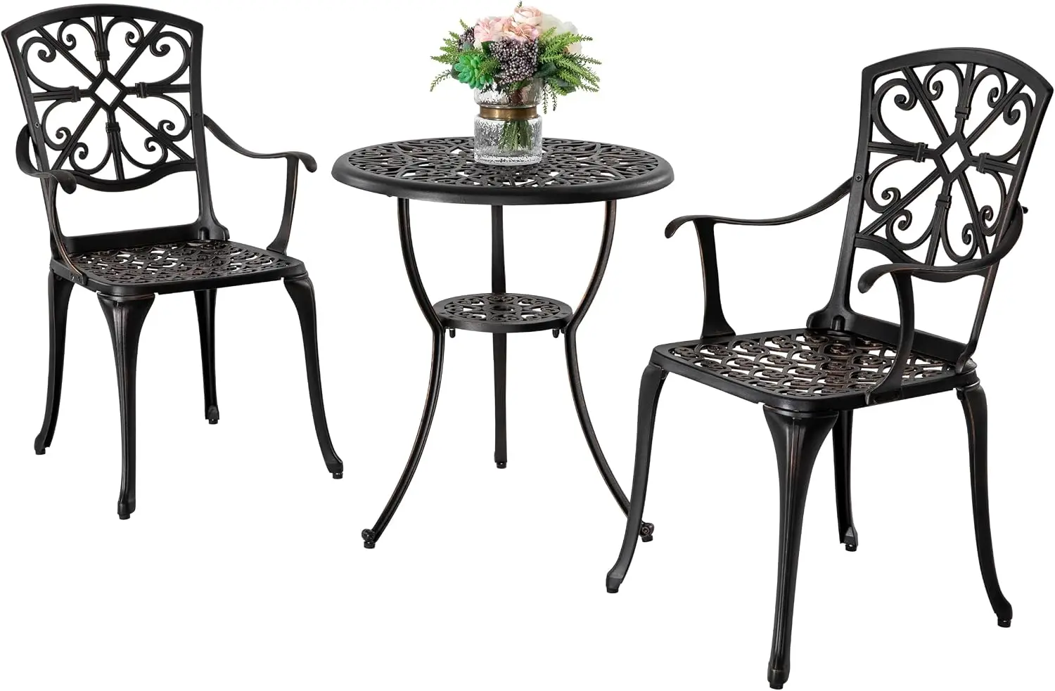 3 Piece Outdoor Bistro Set Cast Aluminum Patio Set Bistro Table Set Rustproof Patio Table and Chairs with Umbrella Hole for Backyard, Balcony, Front Porch, Black