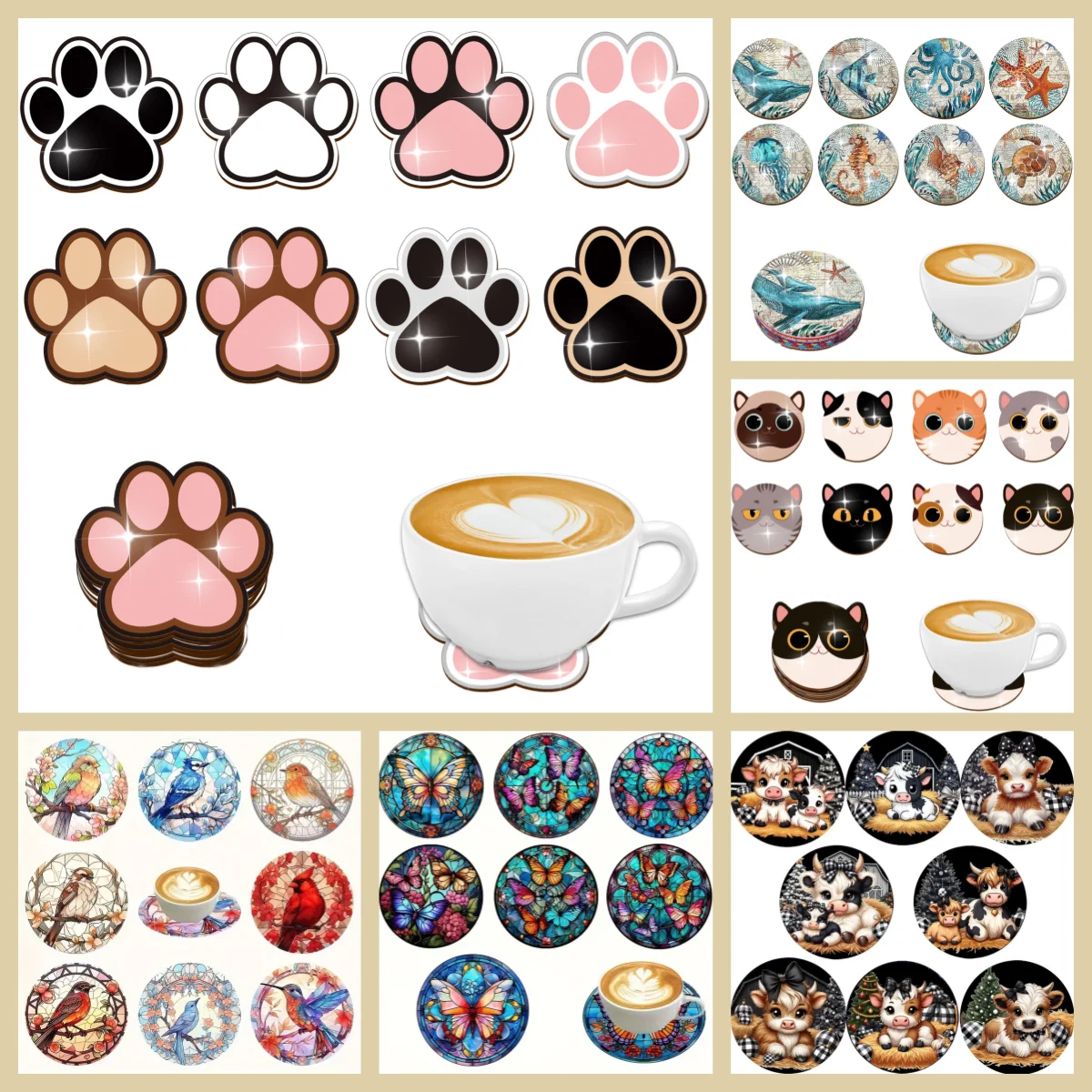 

8 animal-themed anti-slip and heat-insulating coasters, New Year's gifts for the living room party